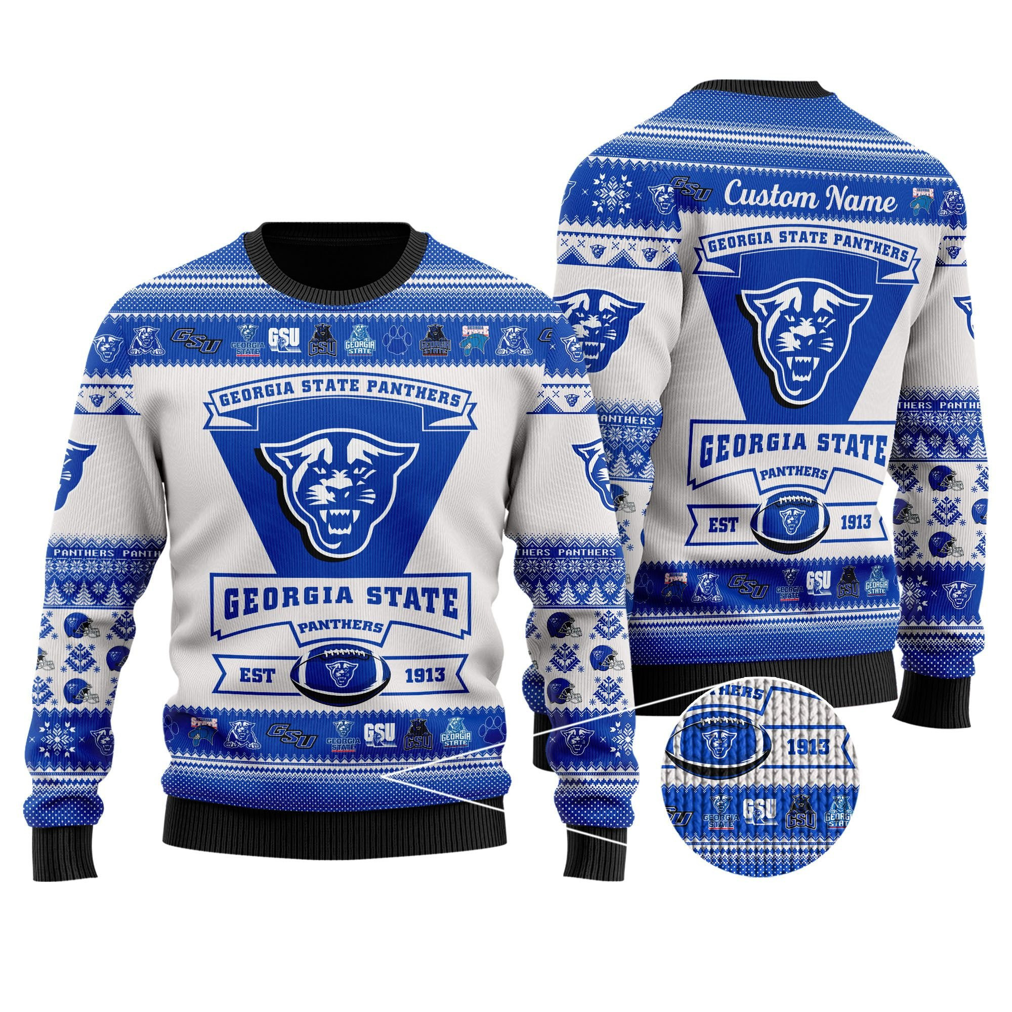 Georgia State Panthers Football Team Logo Personalized Ugly Christmas Sweater Adult 3D Funny Matching for family
