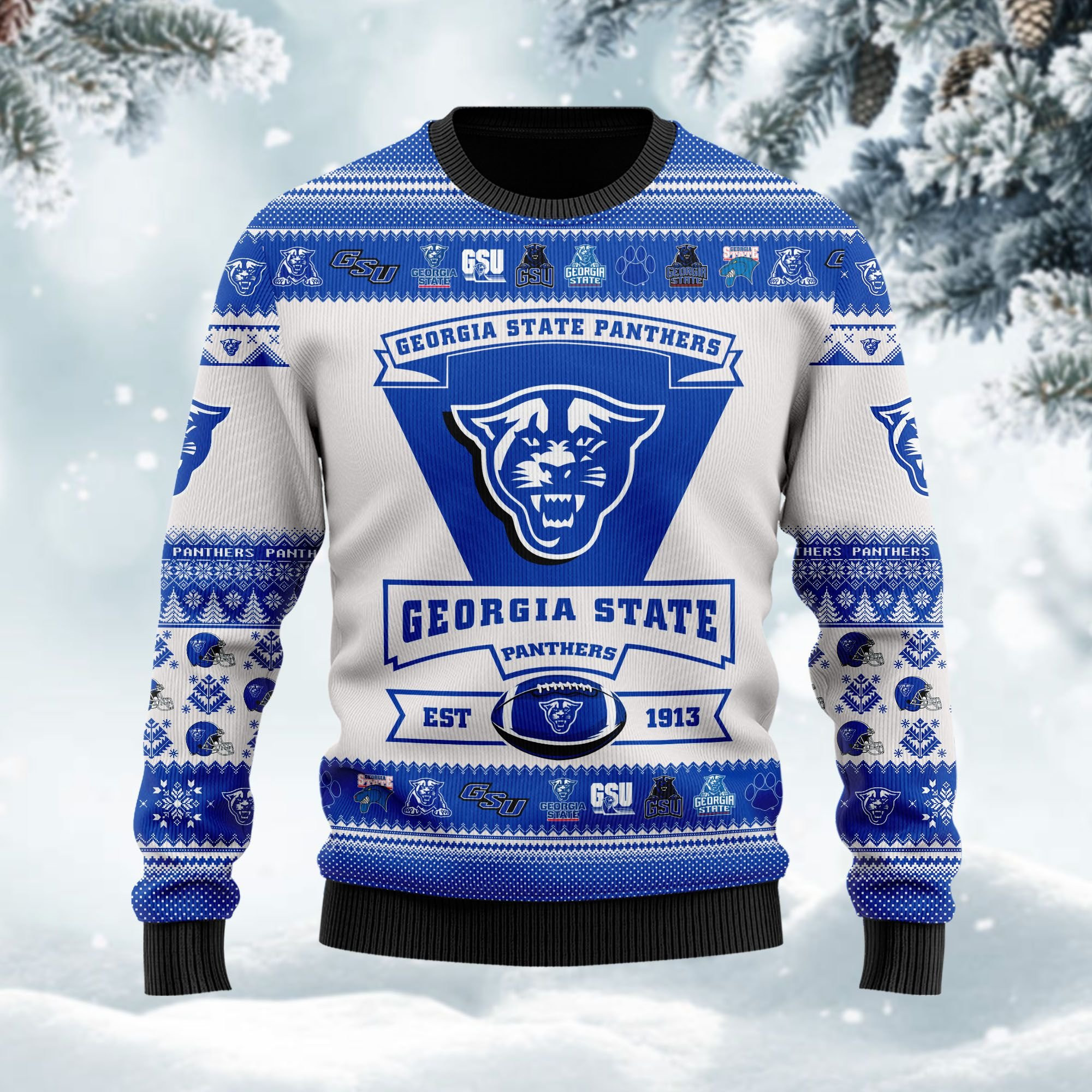 Georgia State Panthers Football Team Logo Personalized Ugly Christmas Sweater Adult 3D Funny Matching for family - Image 2