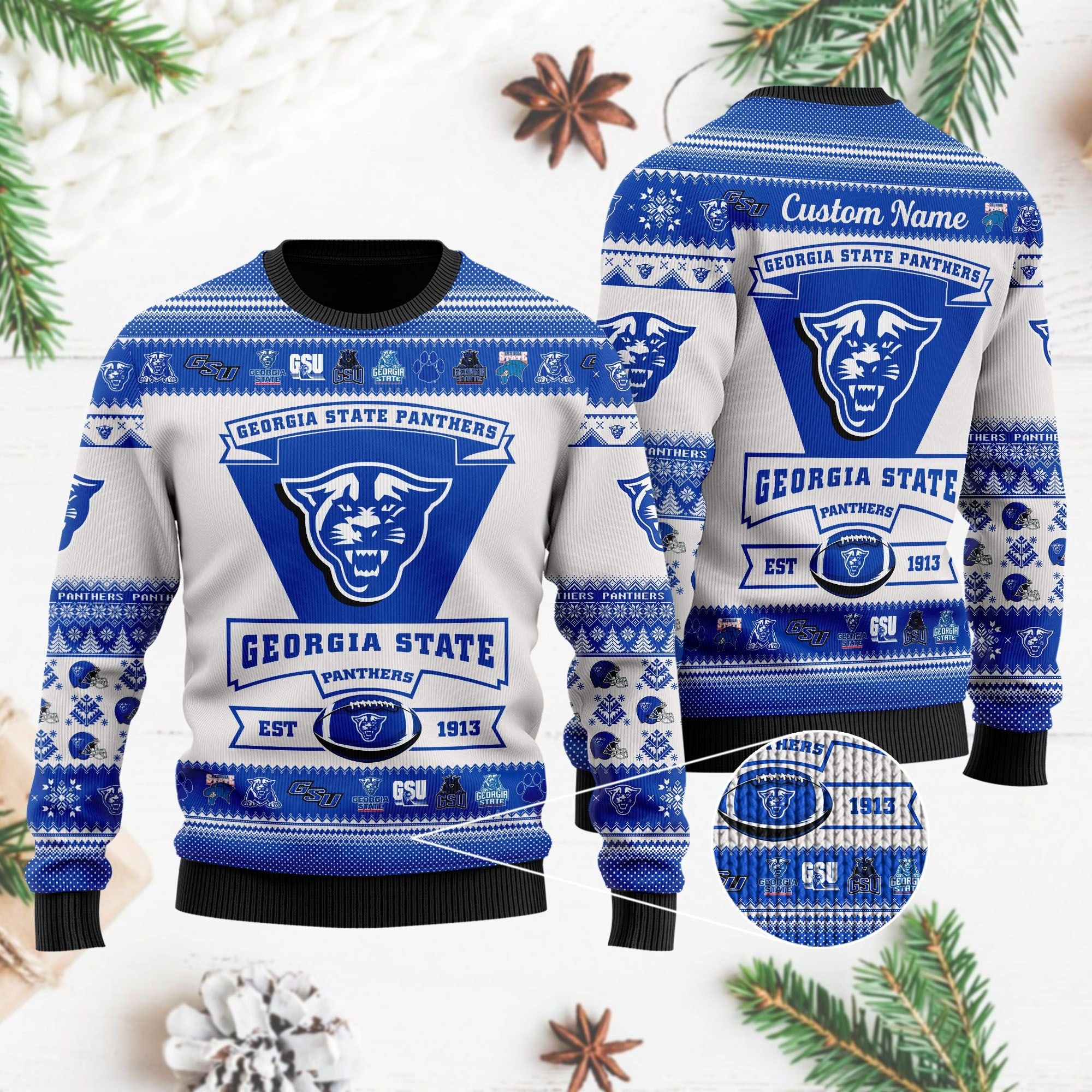 Georgia State Panthers Football Team Logo Personalized Ugly Christmas Sweater Adult 3D Funny Matching for family - Image 4