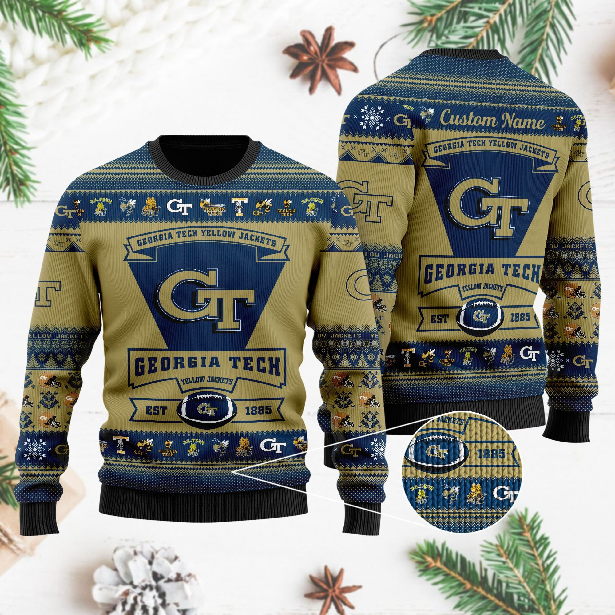 Georgia Tech Yellow Jackets Football Team Logo Personalized Ugly Christmas Sweater Adult 3D Funny Matching for family - Image 4