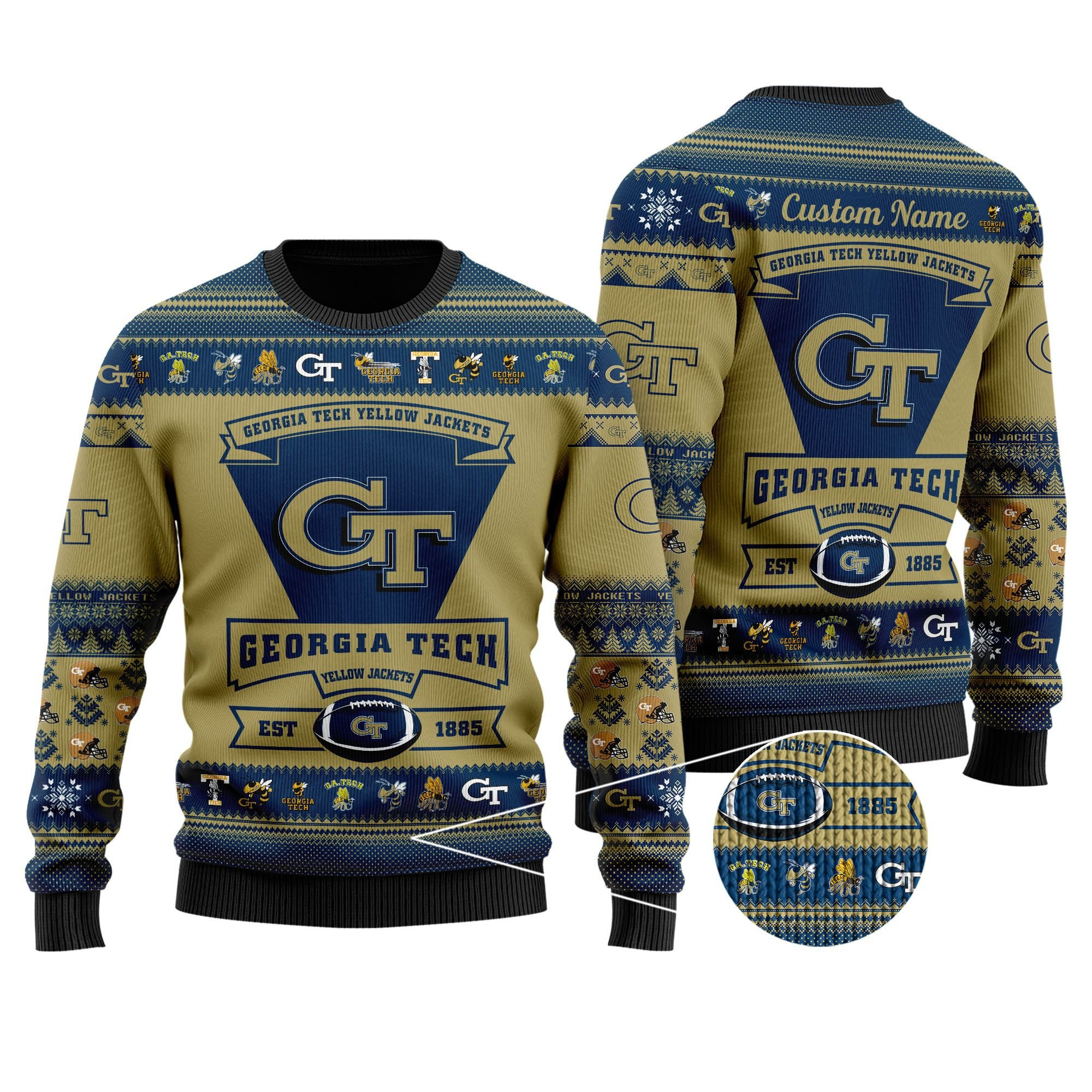 Georgia Tech Yellow Jackets Football Team Logo Personalized Ugly Christmas Sweater Adult 3D Funny Matching for family