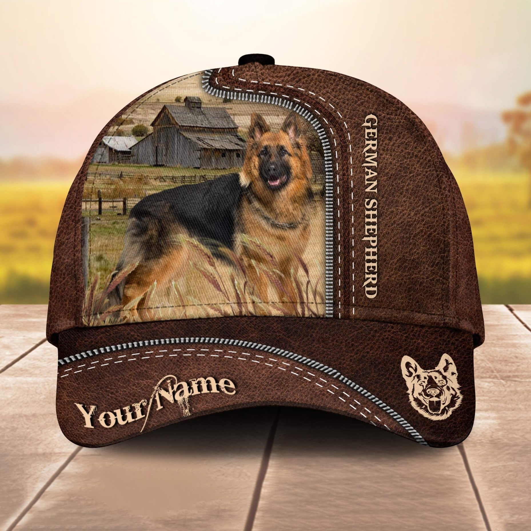 German Shepherd Customized Name Leather Pattern 3D Cap 3D All Over Print Baseball Cap, Cap For Farm Lovers, Animal Cap, Leather Pattern Cap Trucker Hats Custom Hats Gifts For Men & Women