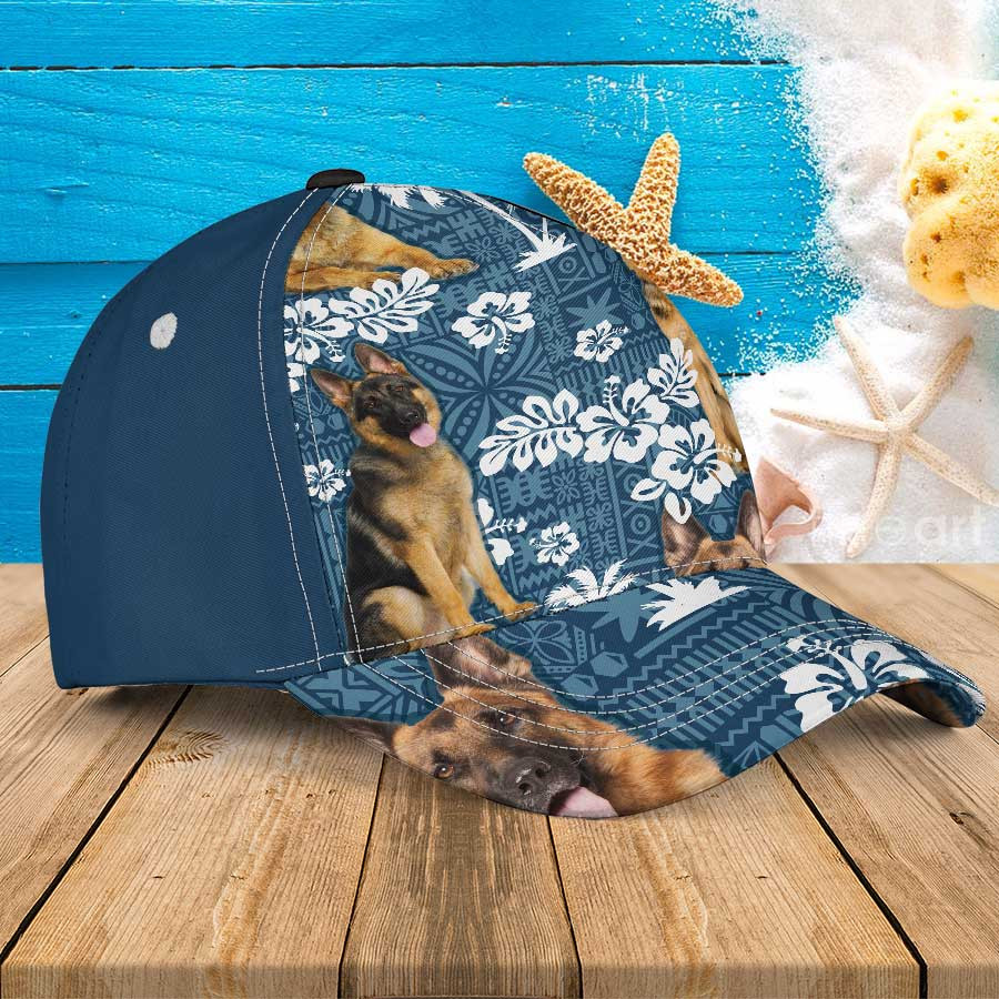 German Shepherd Hawaiian Cap, Tongue Out German Shepherd Dog Lovers Blue Tribal Pattern Hawaiian Summer Hats Trucker Hats Custom Hats Gifts For Men & Women