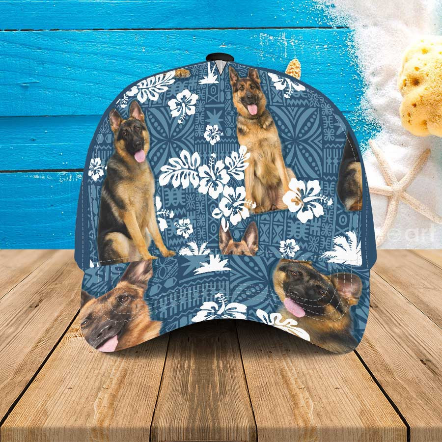 German Shepherd Hawaiian Cap, Tongue Out German Shepherd Dog Lovers Blue Tribal Pattern Hawaiian Summer Hats Trucker Hats Custom Hats Gifts For Men & Women