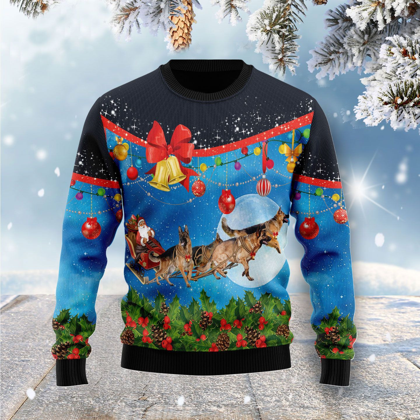 German Shepherd Sleigh For Unisex Ugly Christmas Sweater Adult 3D Funny Matching for family