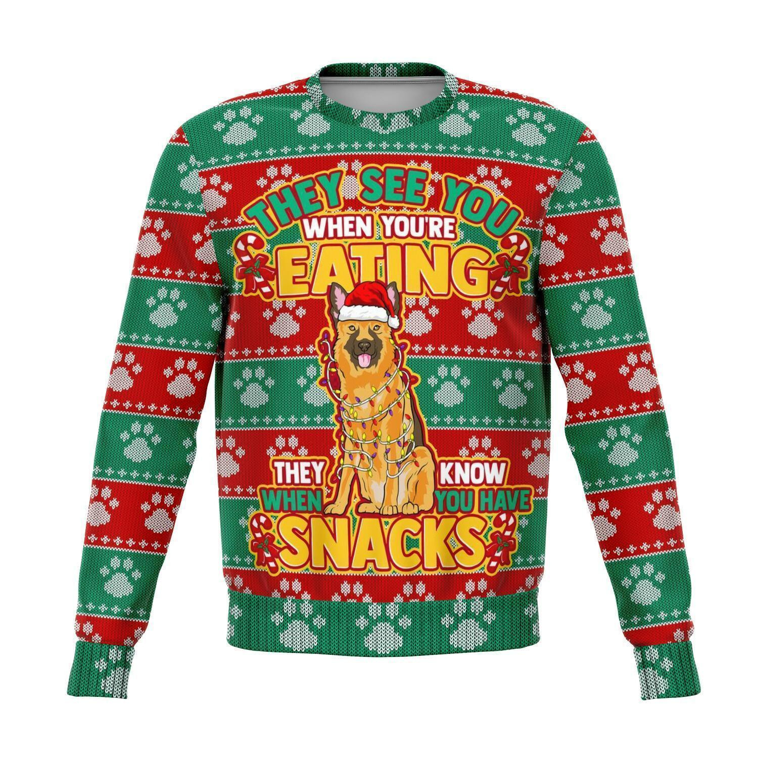 German Shepherd They Know When You Have Snacks Ugly Christmas Sweater Adult 3D Funny Matching for family