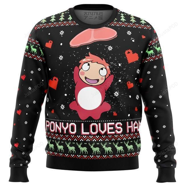 Ghibli Ponyo Loves Ham Ugly Christmas Sweater Adult 3D Funny Matching for family