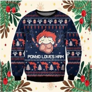 Ghibli Studio Ponyo 3D Print Ugly Christmas Sweatshirt, Ugly Christmas Sweater Adult 3D Funny Matching for family