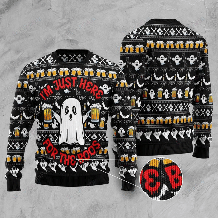 Ghost And Beer I'M Just Here For The Boos Ugly Christmas Sweater Adult 3D Funny Matching for family