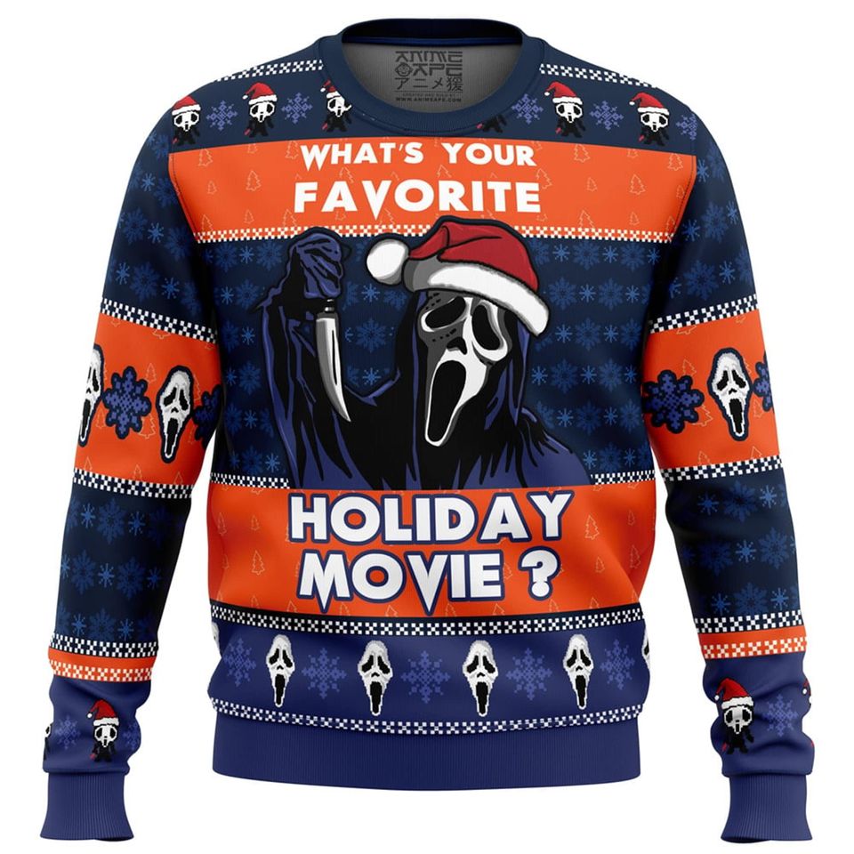 Ghost Face Ugly Christmas Sweatshirt, What Is Your Favorite Holiday Movie Ugly Sweater