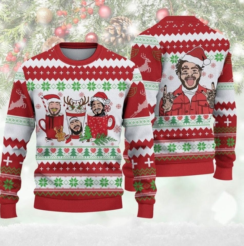 Ghost Malone Christmas Ugly Sweater, Post Malone Coffee Cups 3D Sweater