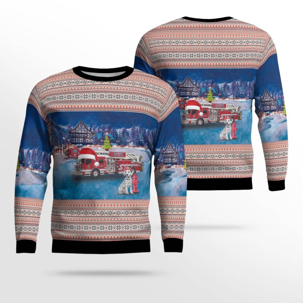 Gilbert Arizona Gilbert Fire And Rescue And Dalmatian Fire Dog Christmas AOP Ugly Sweater Xmas Unisex Sweater Christmas Gifts For Men Women