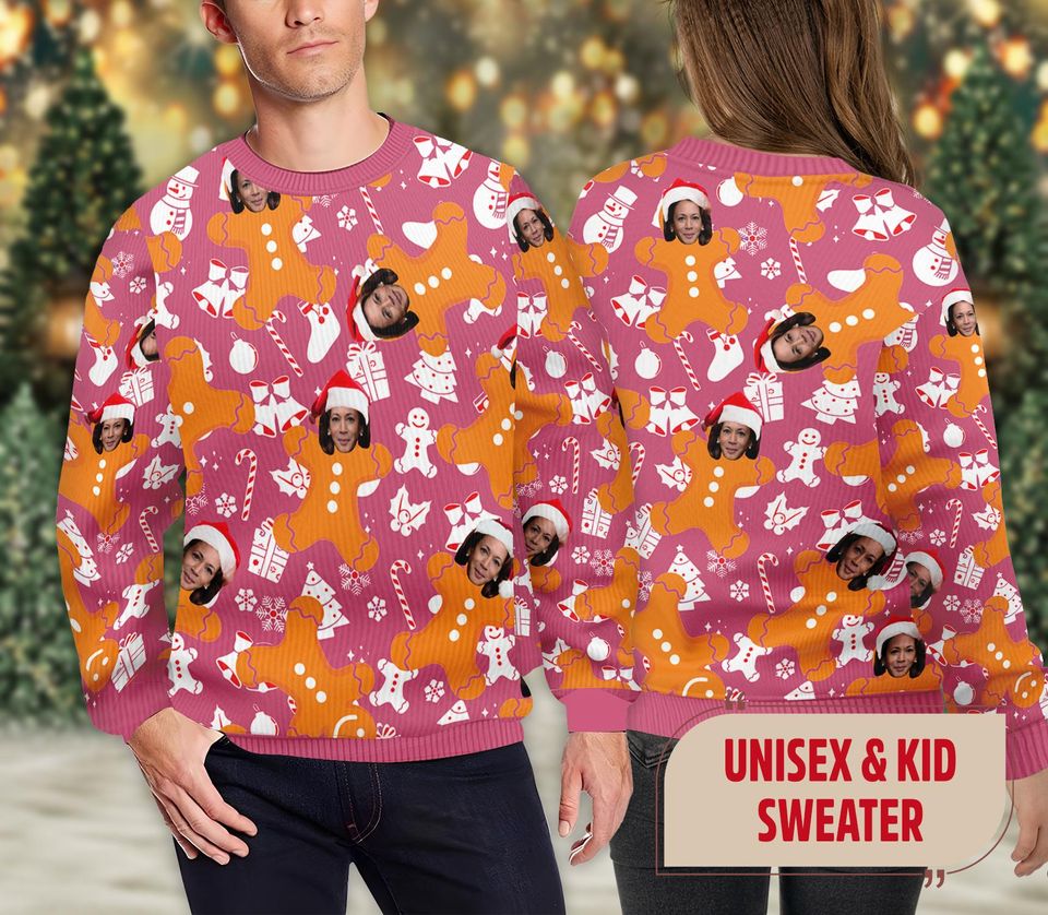 Gingerbread Kamala Face Christmas Ugly Sweater, Santa Harris 2024 Ugly Xmas Sweatshirt