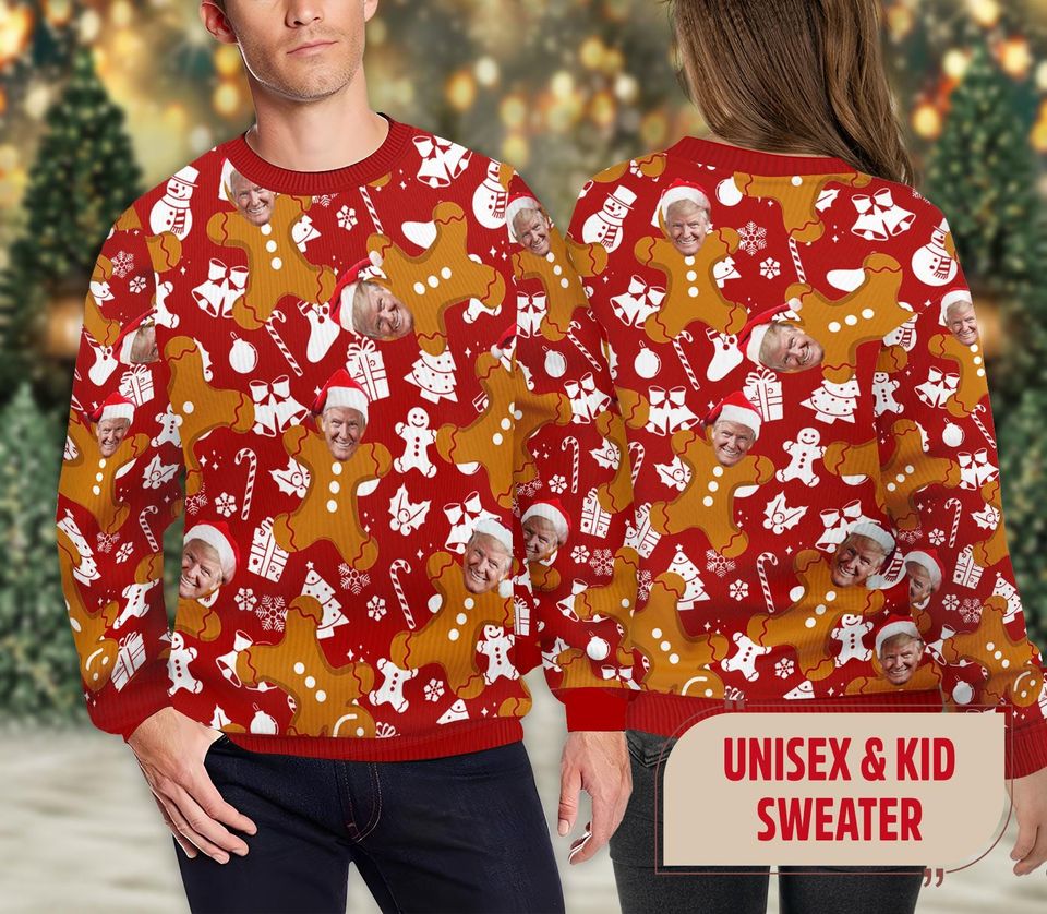 Gingerbread Trump Face Christmas Ugly Sweater, Santa Trump 2024 Ugly Xmas Sweatshirt - Image 2