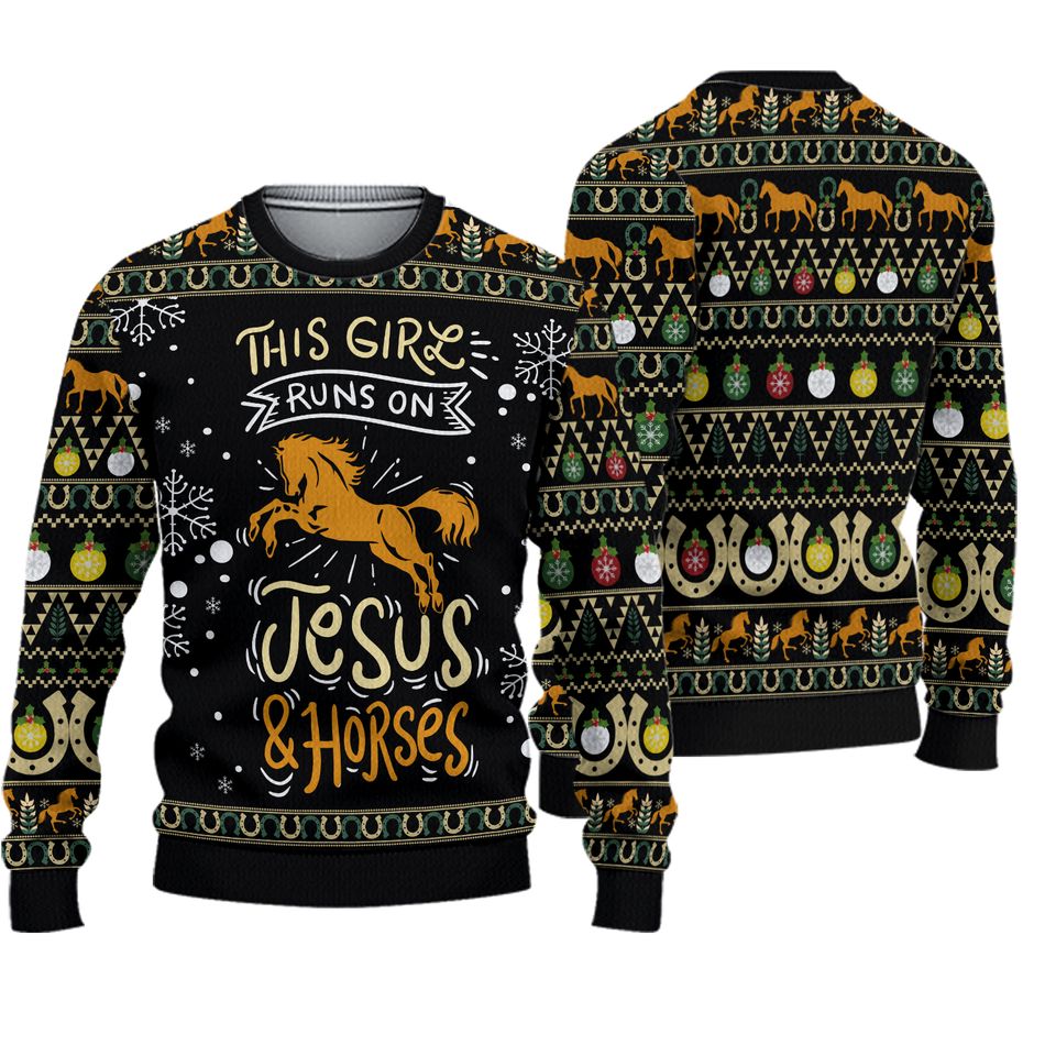 Girls Run On Jesus And Horses Ugly Christmas Sweater