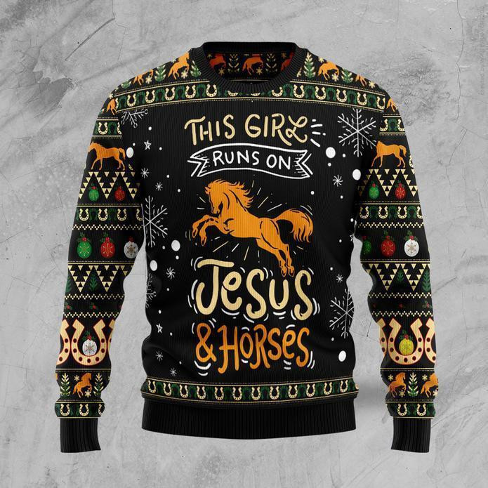 Girls Run On Jesus And Horses Ugly Christmas Sweater Adult 3D Funny Matching for family