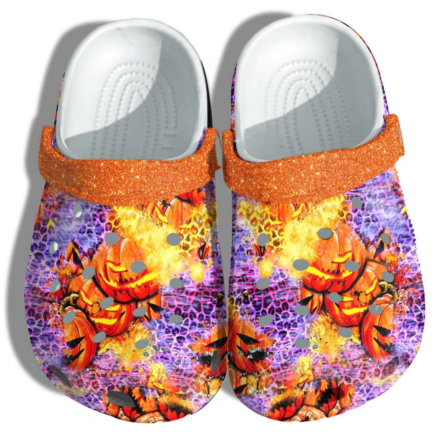 Glitter Leopard Pumpkin Spooky Halloween Crocs Crocband Clogs Shoes Comfortable For Men Women and Kids