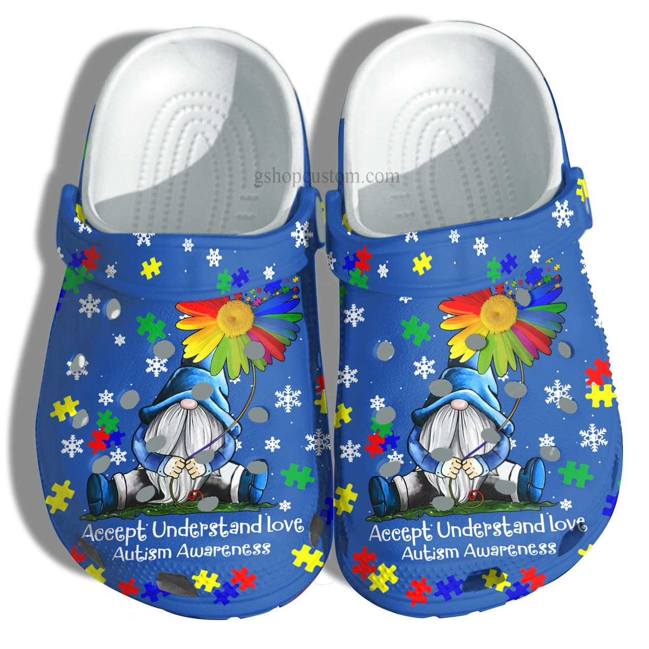 Gnomies Wear Blue Daisy Flower Autism Shoes - Accept Understand Love Autism Shoes Croc Clogs