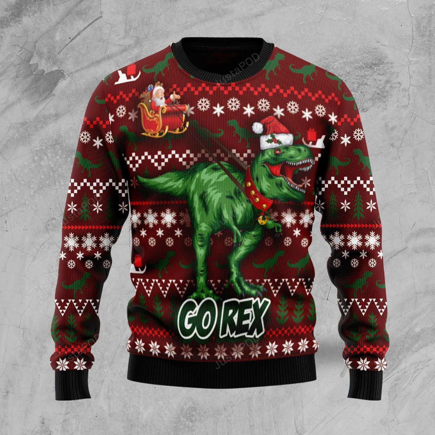 Go Rex Santa Sleigh Dinasour Ugly Christmas Sweater Adult 3D Funny Matching for family