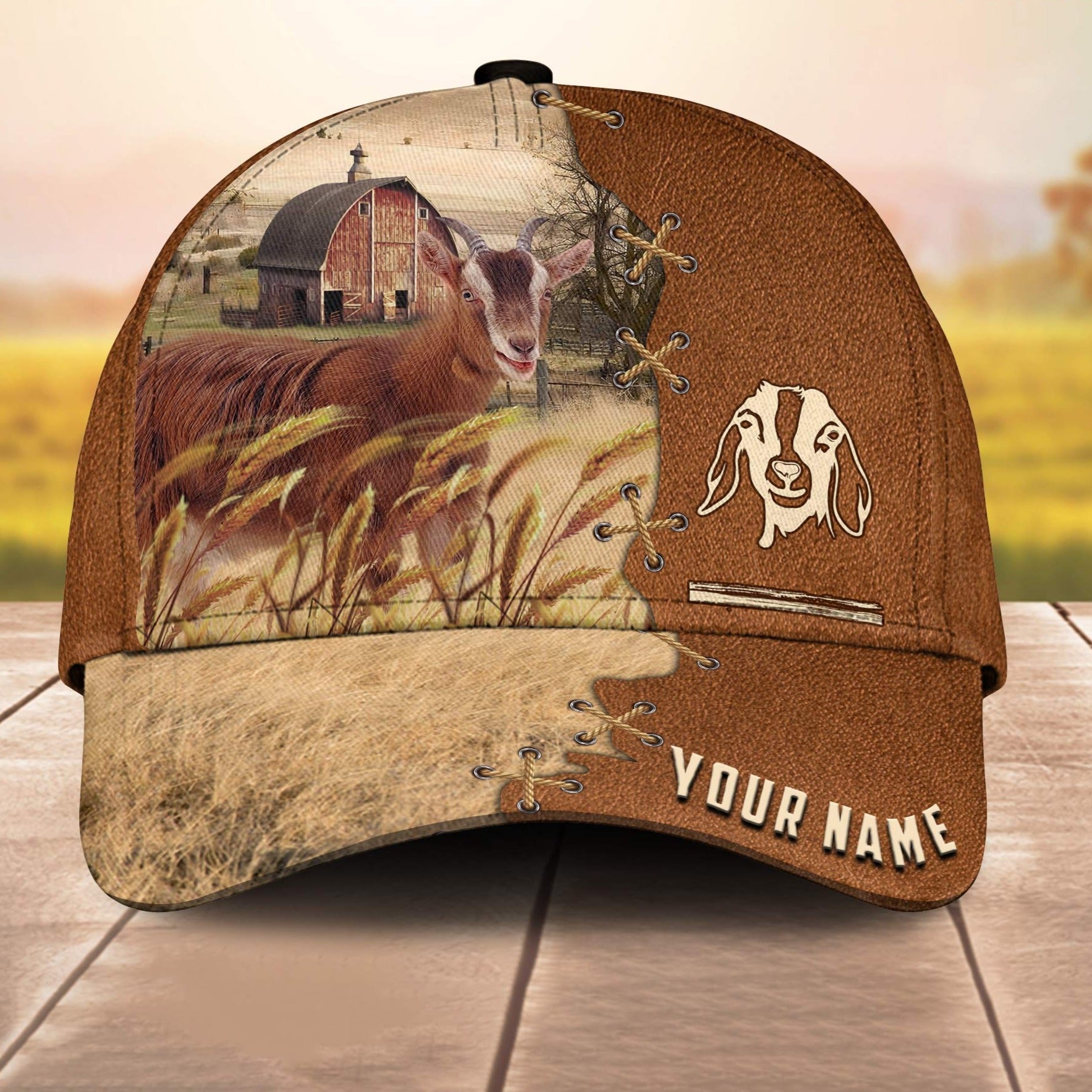 Goat Custom Name Brown Leather Pattern 3D Cap 3D All Over Print Baseball Cap, Cap For Farm Lovers, Animal Cap, Leather Pattern Cap Trucker Hats Custom Hats Gifts For Men & Women