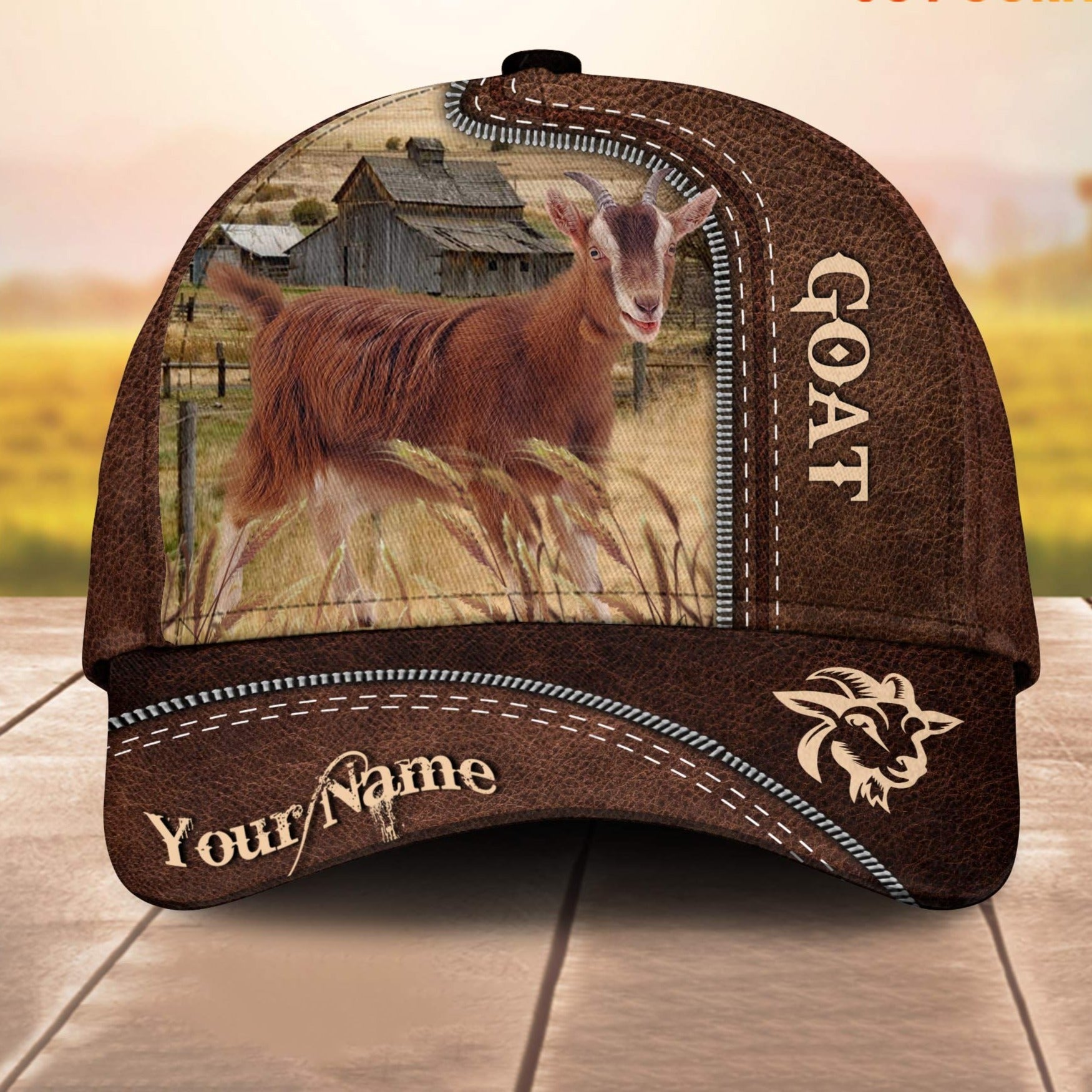 Goat Customized Name Leather Pattern 3D Cap 3D All Over Print Baseball Cap, Cap For Farm Lovers, Animal Cap, Leather Pattern Cap Trucker Hats Custom Hats Gifts For Men & Women