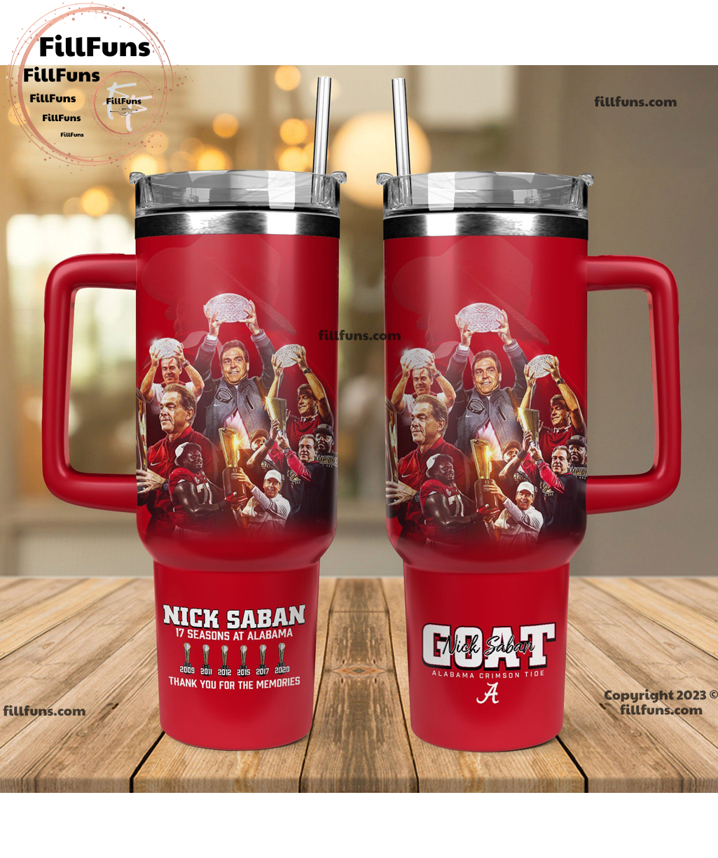 GOAT Nick Saban 17 Seasons At Alabama Tribute NCAA Custom Stanley Cup 40 oz 30 oz Tumbler With HandleTVC2301191