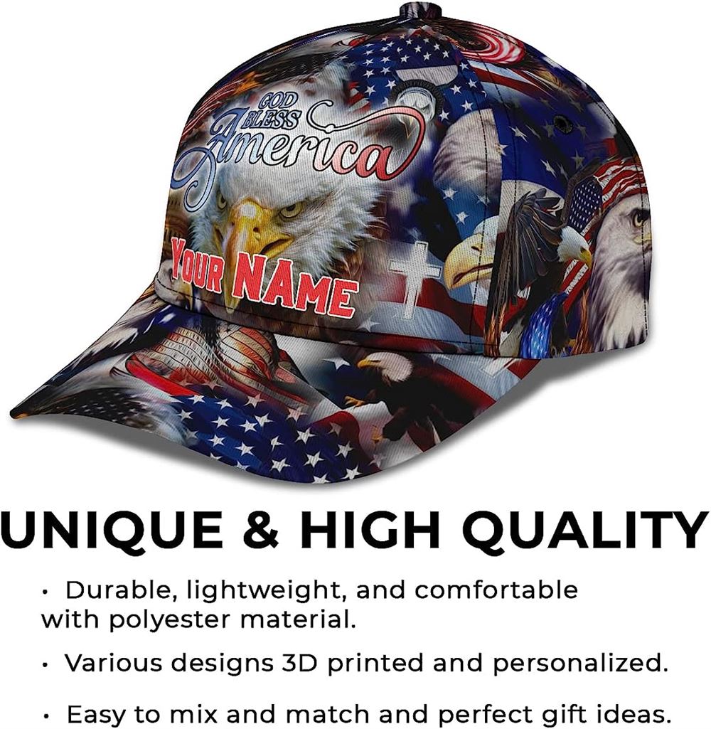 God Bless America Bald Eagles America Flag Custom Name Baseball Cap, Christian, Jesus Hat Trucker Hats Custom Hats Gifts For Men & Women