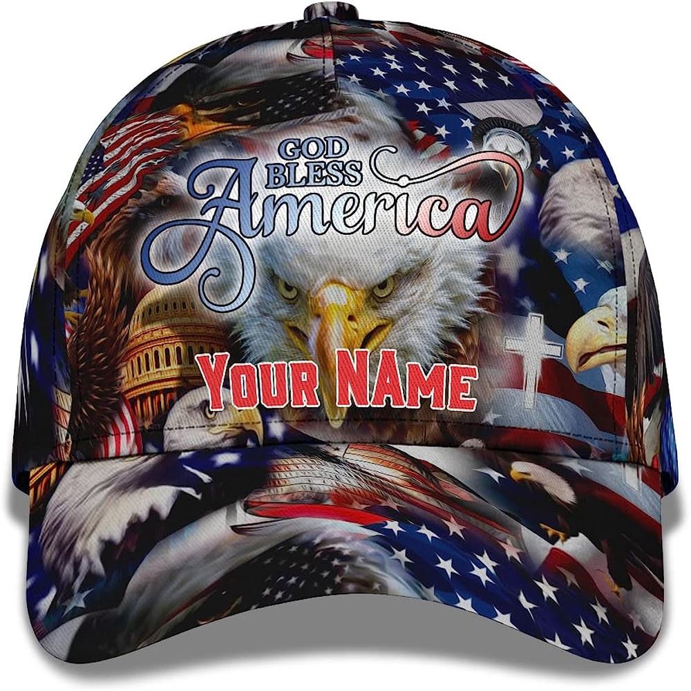 God Bless America Bald Eagles America Flag Custom Name Baseball Cap, Christian, Jesus Hat Trucker Hats Custom Hats Gifts For Men & Women