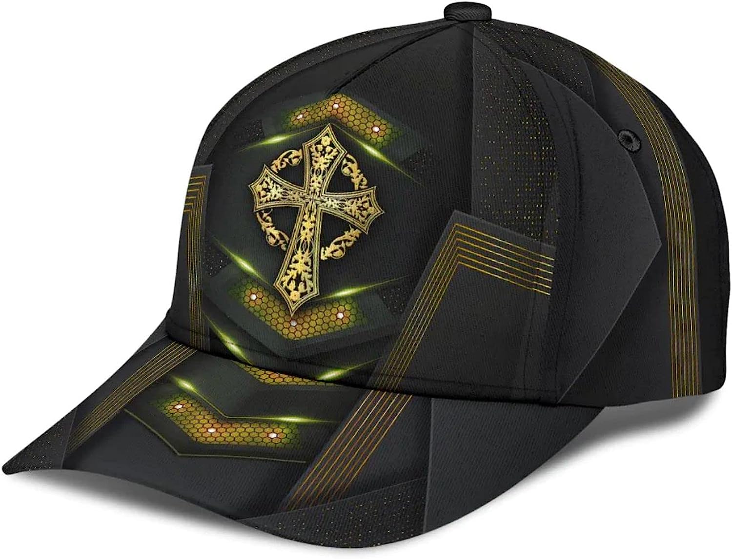 God Cross Metal Gold All Over Print Baseball Cap - Christian Hats For Men Women Trucker Hats Custom Hats Gifts For Men & Women