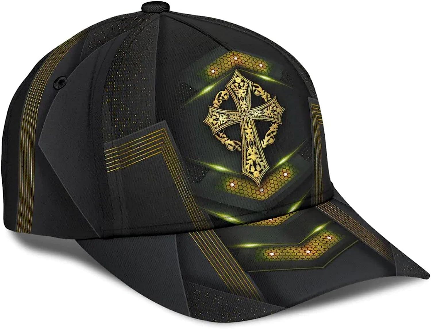 God Cross Metal Gold All Over Print Baseball Cap - Christian Hats For Men Women Trucker Hats Custom Hats Gifts For Men & Women