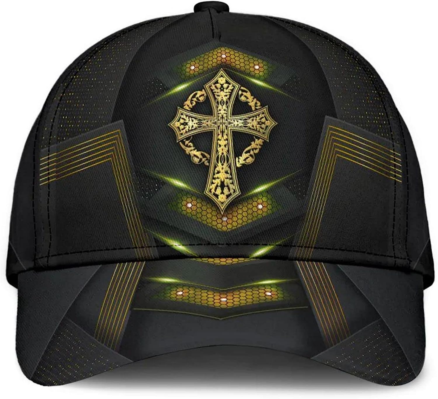 God Cross Metal Gold All Over Print Baseball Cap - Christian Hats For Men Women Trucker Hats Custom Hats Gifts For Men & Women