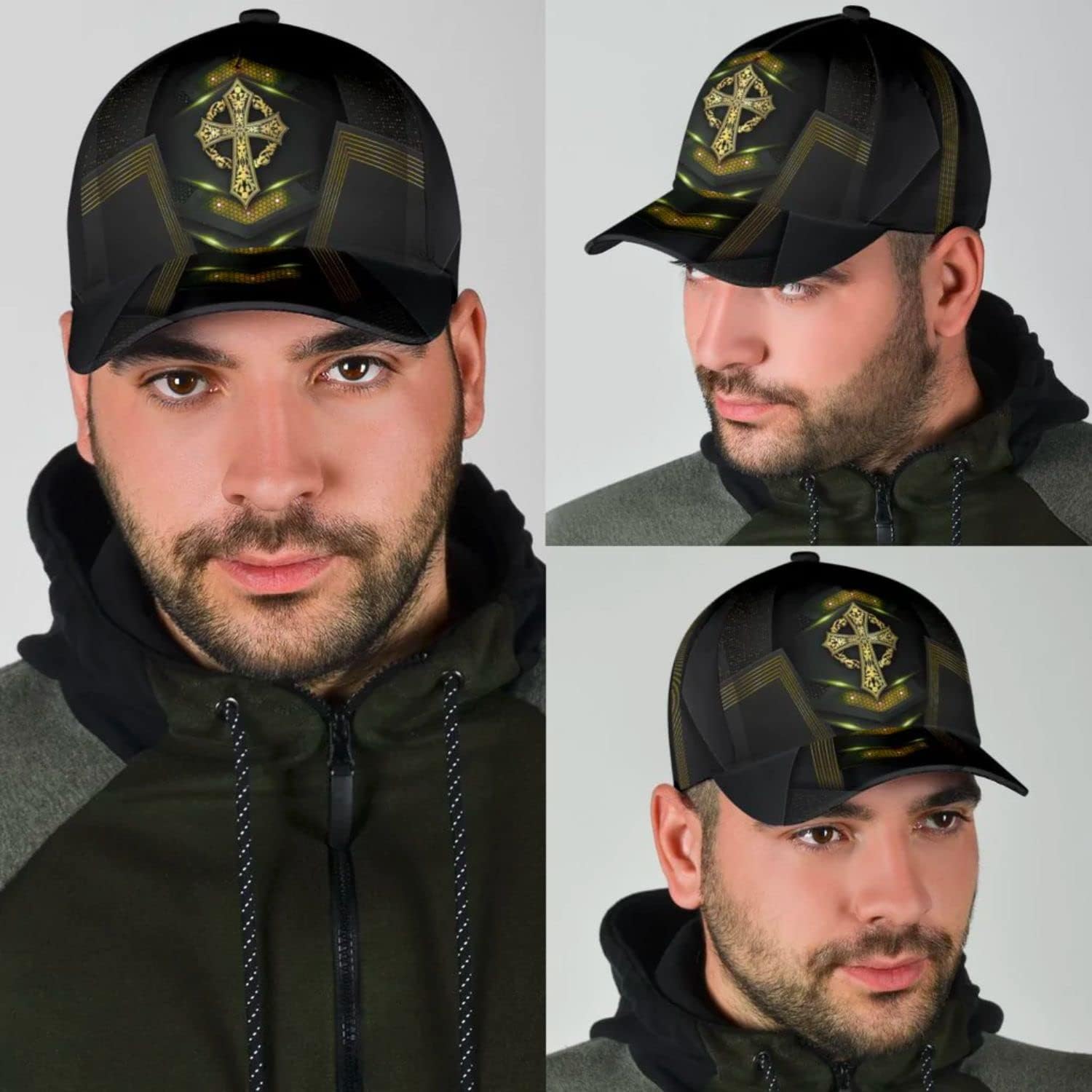 God Cross Metal Gold All Over Print Baseball Cap - Christian Hats For Men Women Trucker Hats Custom Hats Gifts For Men & Women