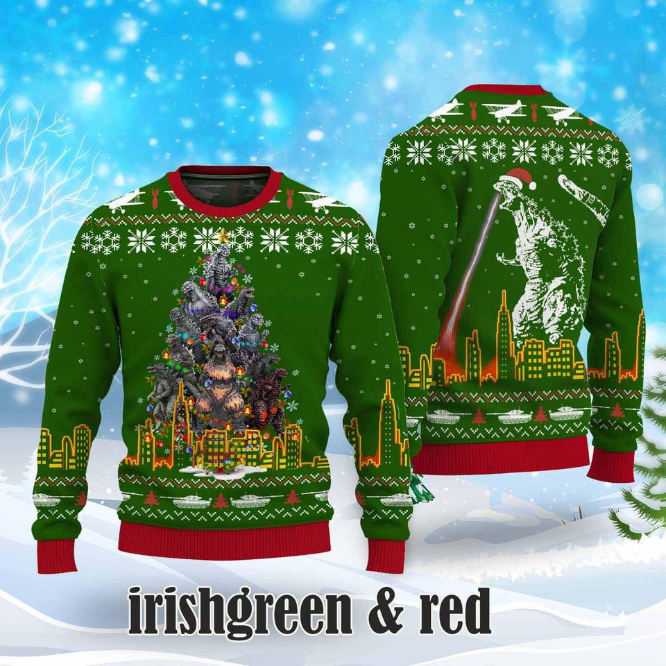 god zilla Christmas Ugly Sweater, Christmas Tree From All Godzillas Sweater