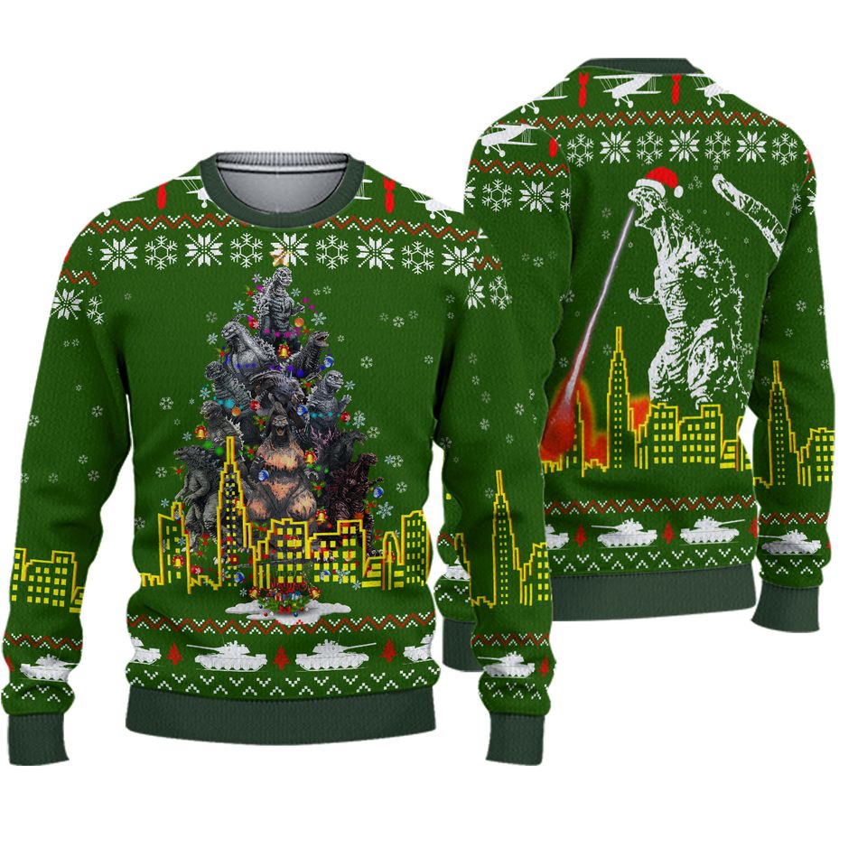god zilla Christmas Ugly Sweater, Christmas Tree From All Godzillas Sweater