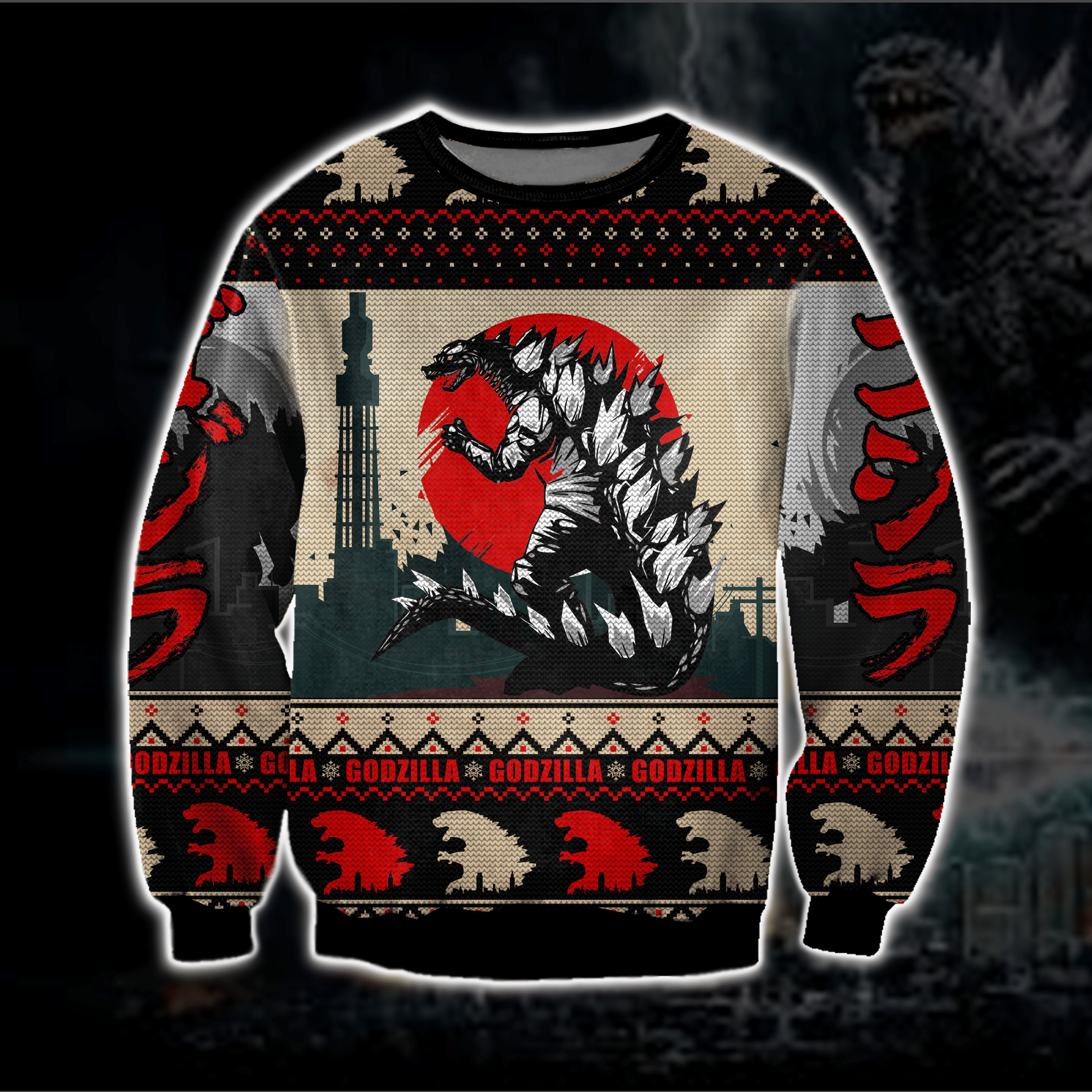 Godzilla Knitting Pattern 3D Print Ugly Christmas Sweater Adult 3D Funny Matching for family