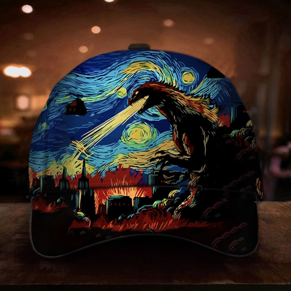 Godzilla Starry Night Art Hat Van Gogh Unique Graphic Cap Gifts For Boyfriend Trucker Hats Custom Hats Gifts For Men & Women