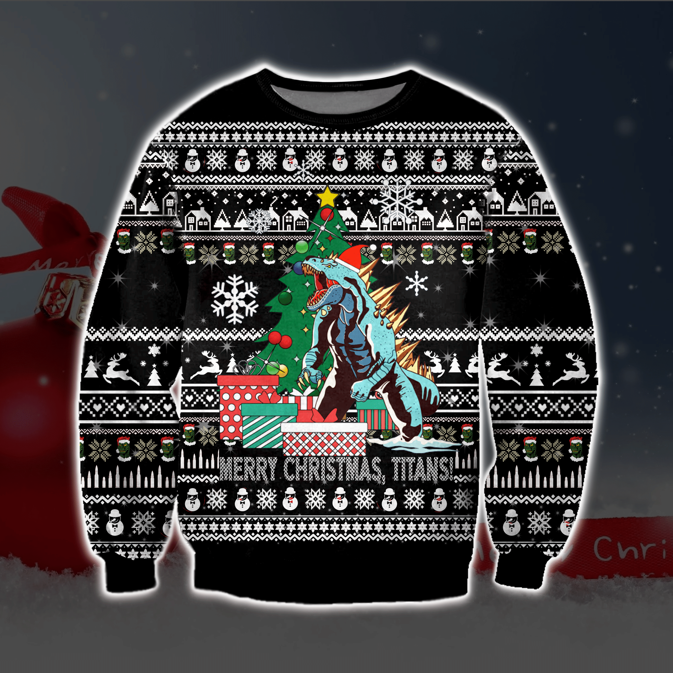 Godzilla Ugly Christmas Sweater Adult 3D Funny Matching for family