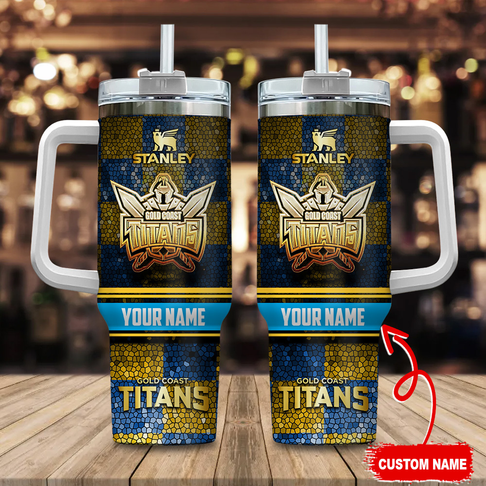 Gold Coast Titans NRL Golden Logo Stained Glass Effect Custom Stanley Cup 40 oz 30 oz Tumbler With HandleTVC2301178