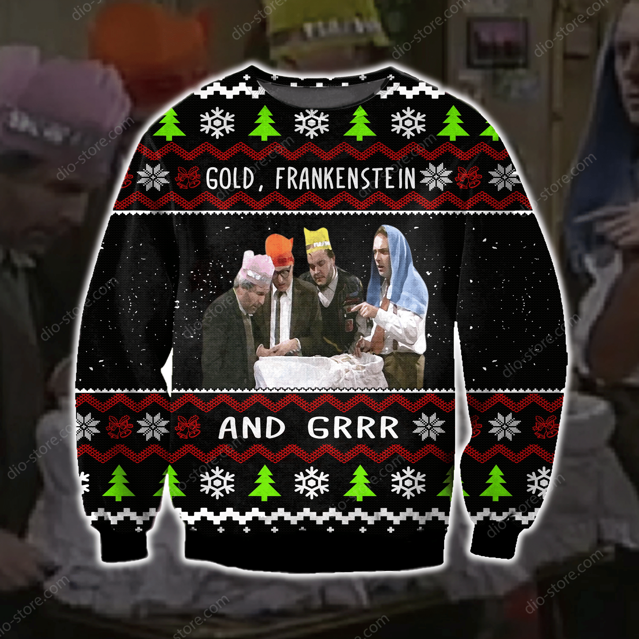 Gold Frankenstein And Grr Knitting Pattern 3D Print Ugly Christmas Sweater Adult 3D Funny Matching for family