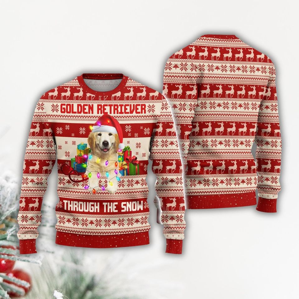 Golden Dog Ugly Sweater, Golden Retriever Christmas Sweater, Dog Through The Snow