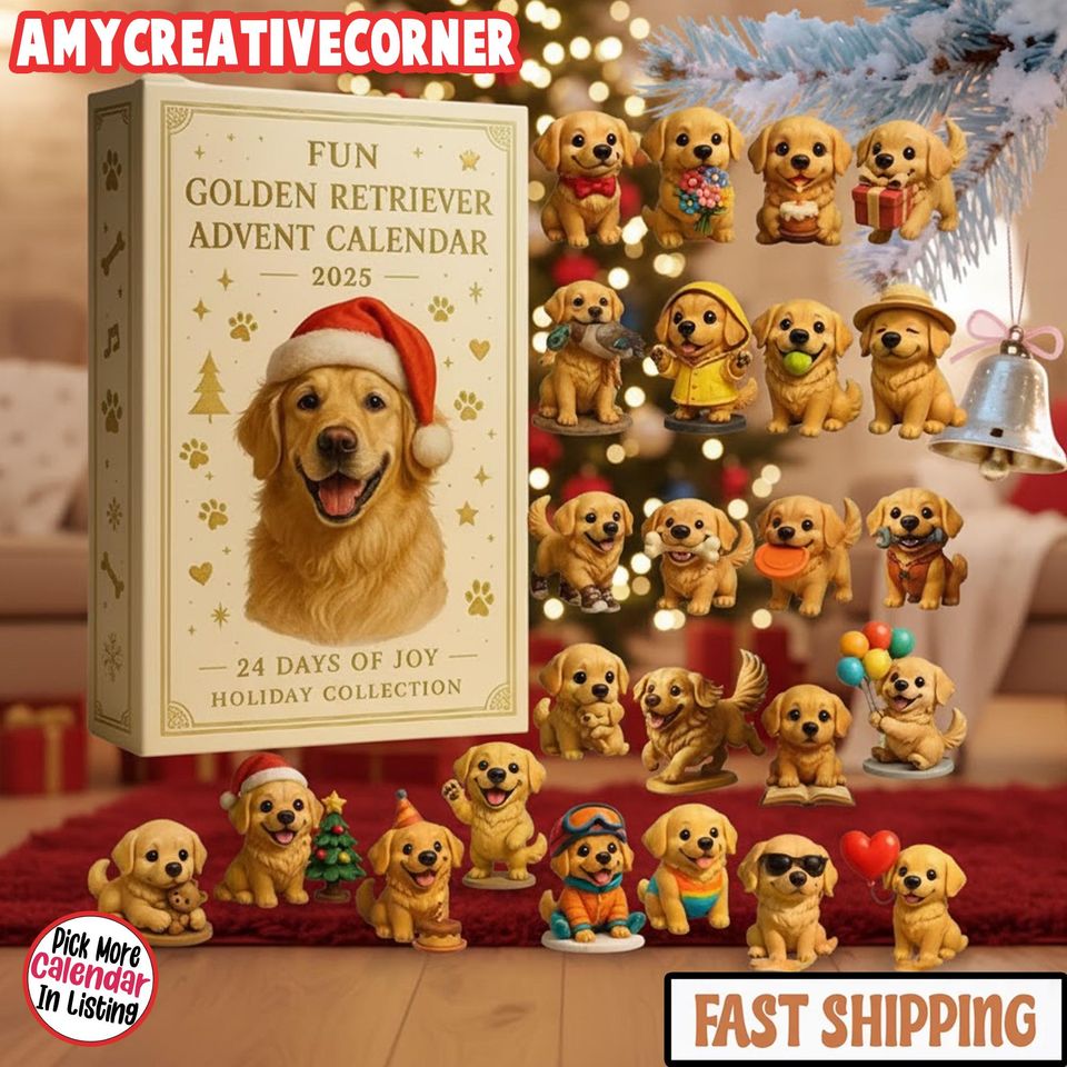 Golden Retriever Advent Calendar 2025, 24 Days of 2D Acrylic Dog Christmas Ornaments