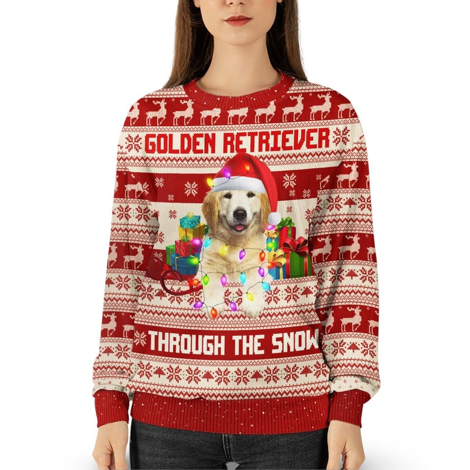 Golden Retriever Christmas Lights Sweater, Christmas 3D All Over Print Sweater - Image 4