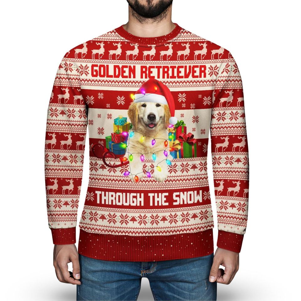 Golden Retriever Christmas Lights Sweater, Christmas 3D All Over Print Sweater - Image 7