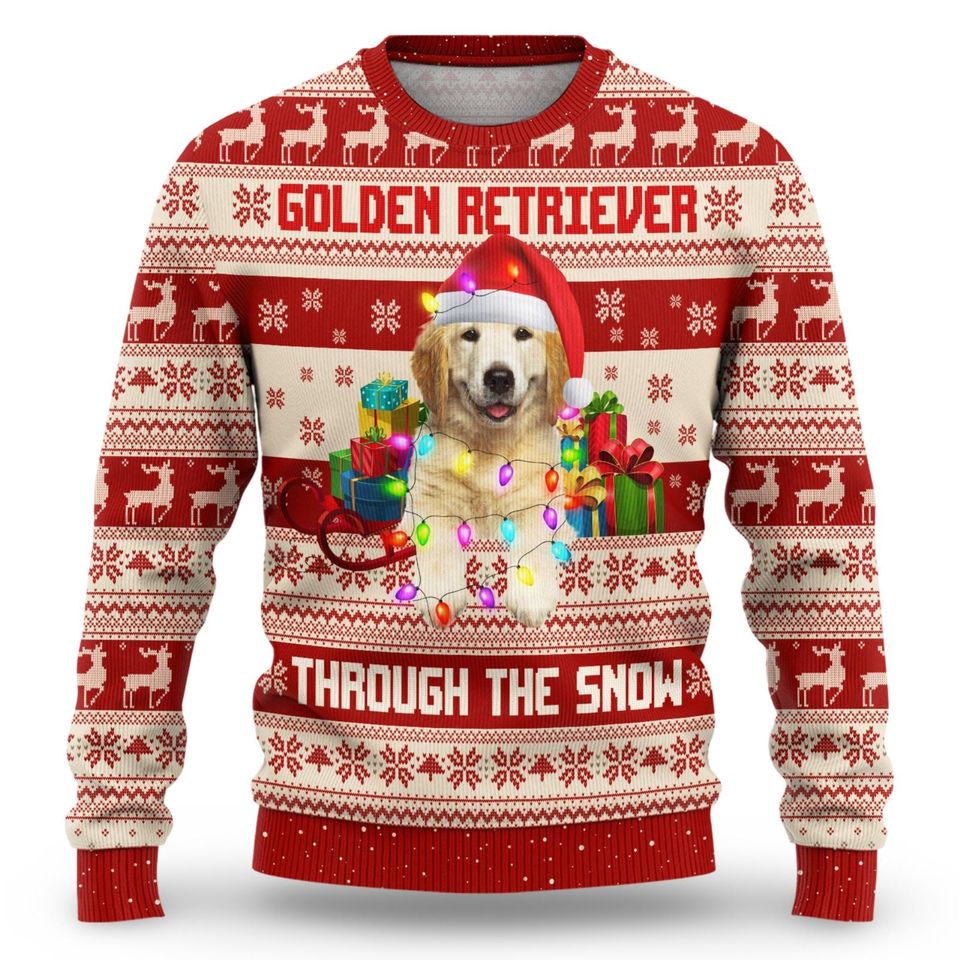 Golden Retriever Christmas Lights Sweater, Christmas 3D All Over Print Sweater - Image 6