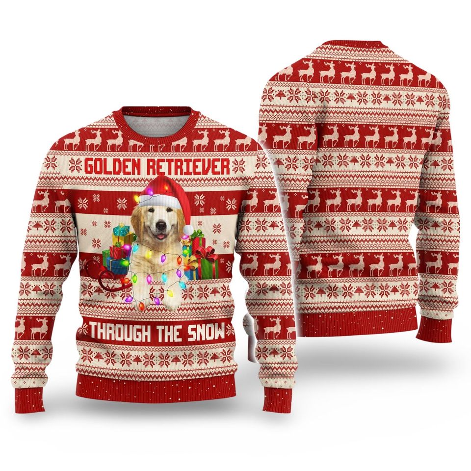 Golden Retriever Christmas Lights Sweater, Christmas 3D All Over Print Sweater - Image 3