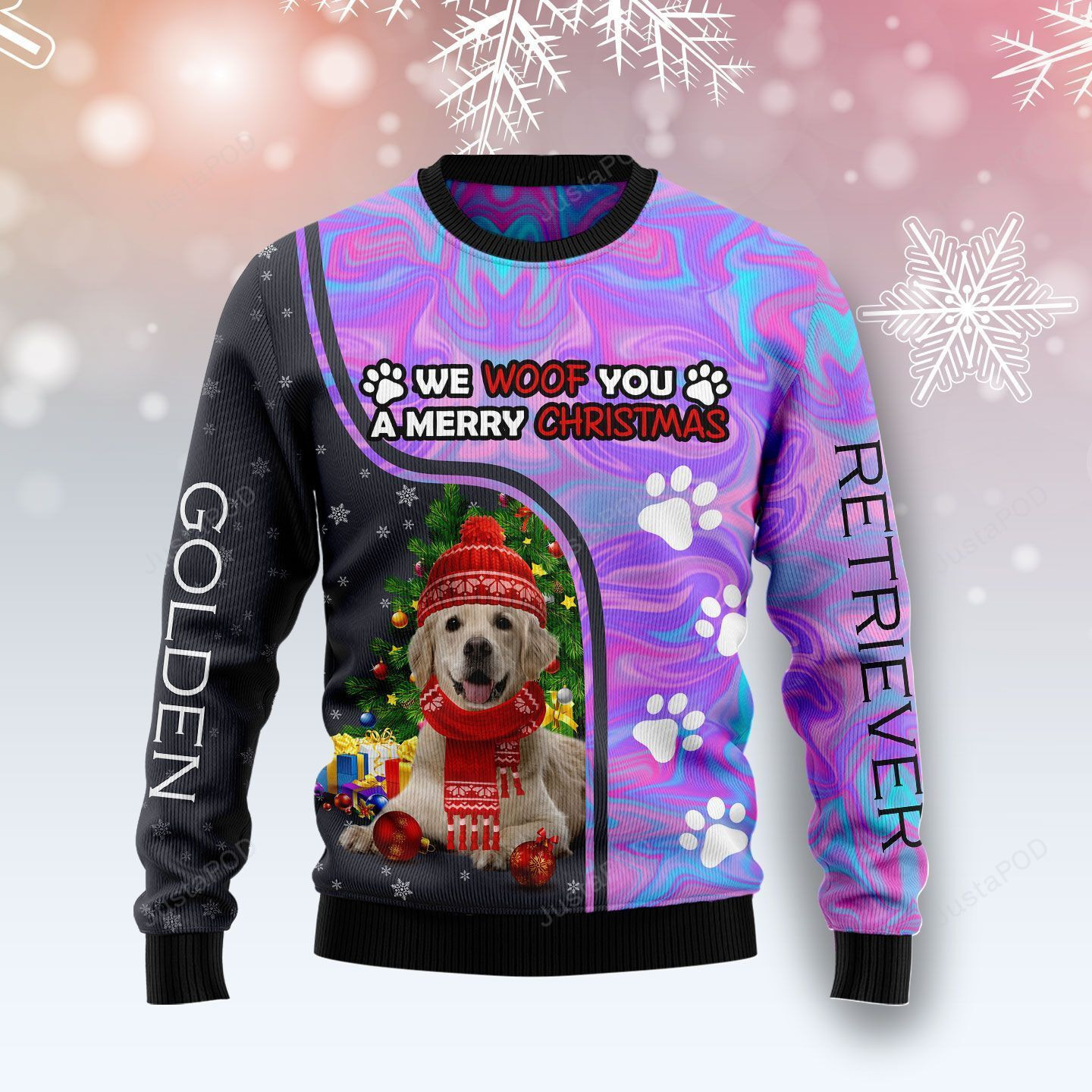Golden Retriever Hologram We Woof You A Merry Christmas Ugly Christmas Sweater Adult 3D Funny Matching for family