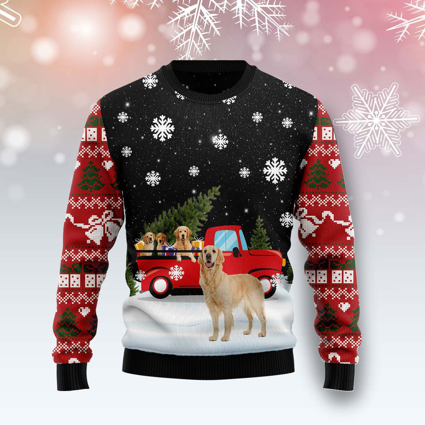 Golden Retriever Red Truck Ugly Christmas Sweater Adult 3D Funny Matching for family
