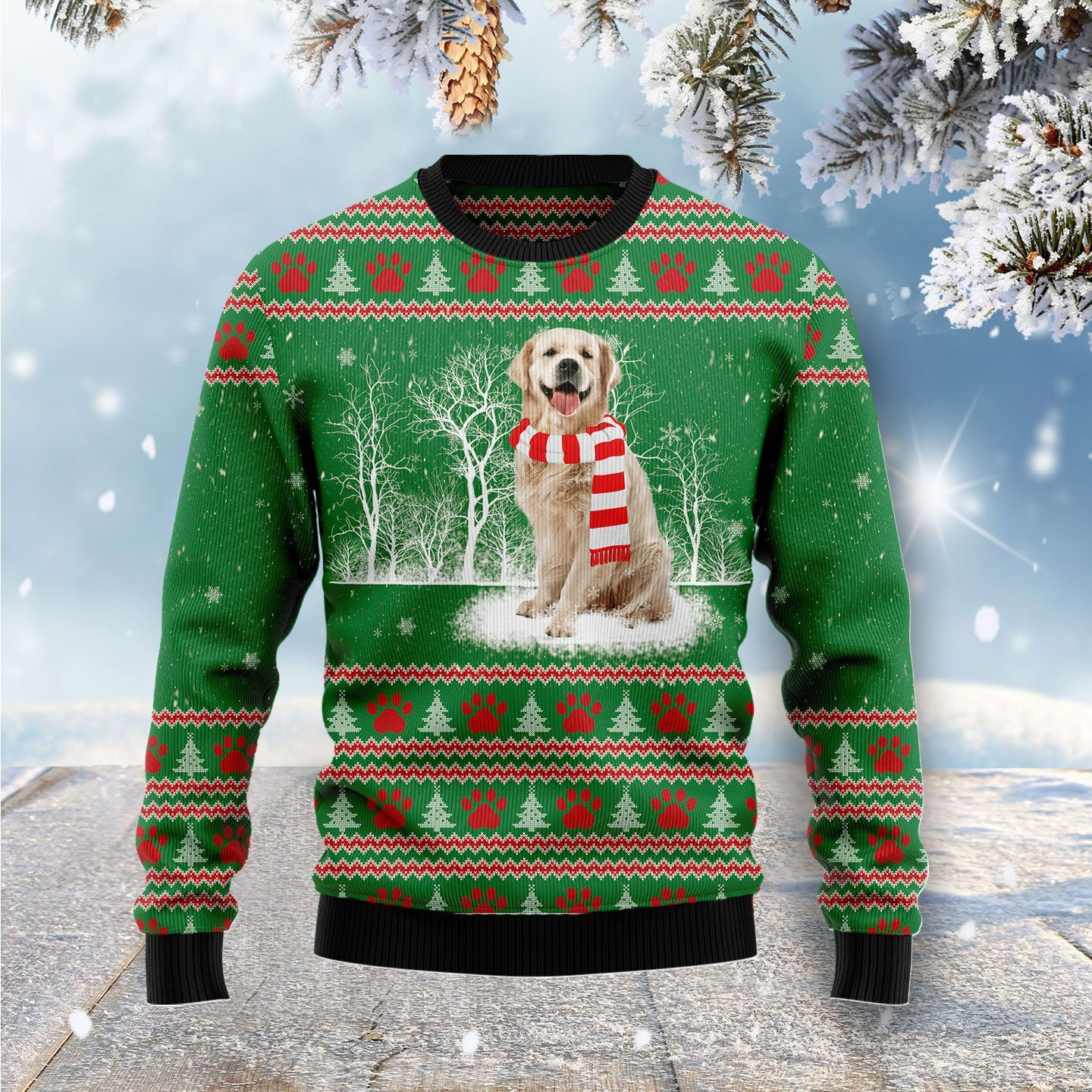 Golden Retriever Winter Tree Ugly Christmas Sweater Adult 3D Funny Matching for family