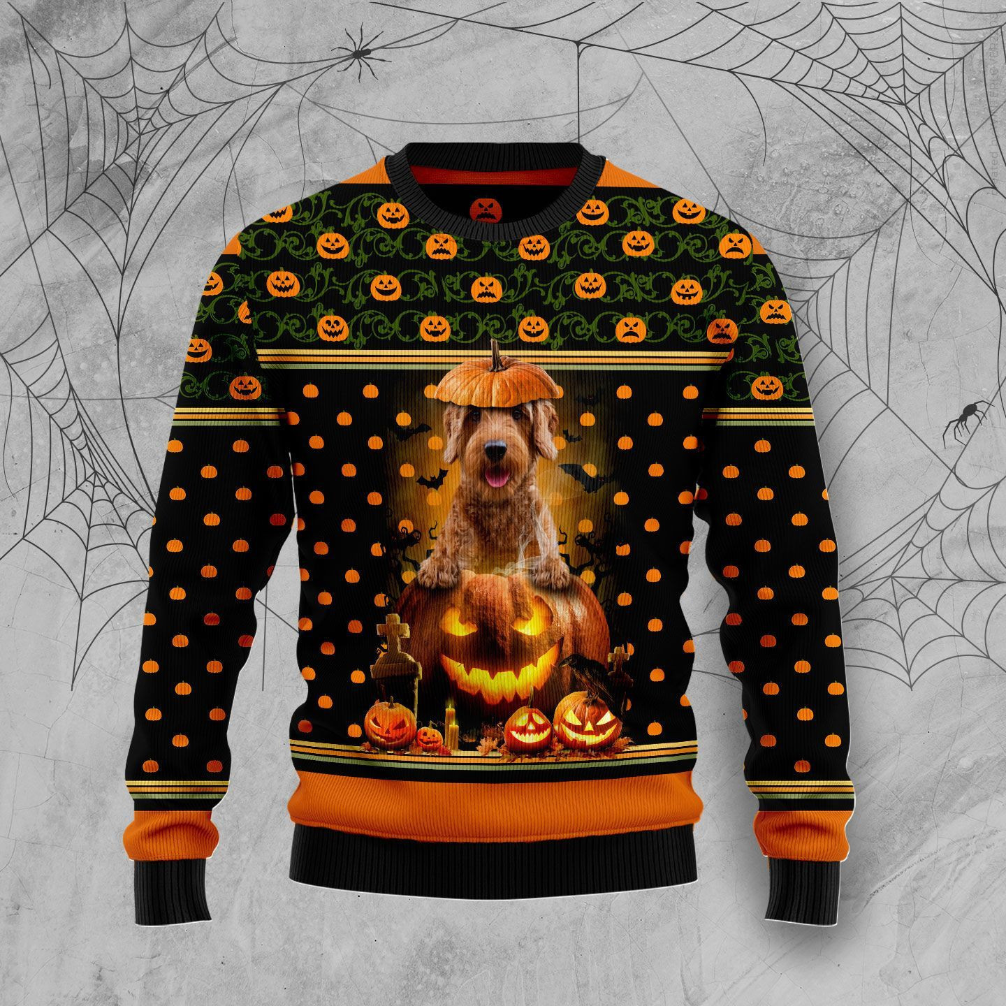 Goldendoodle Pumpkin Halloween Ugly Christmas Sweater Adult 3D Funny Matching for family