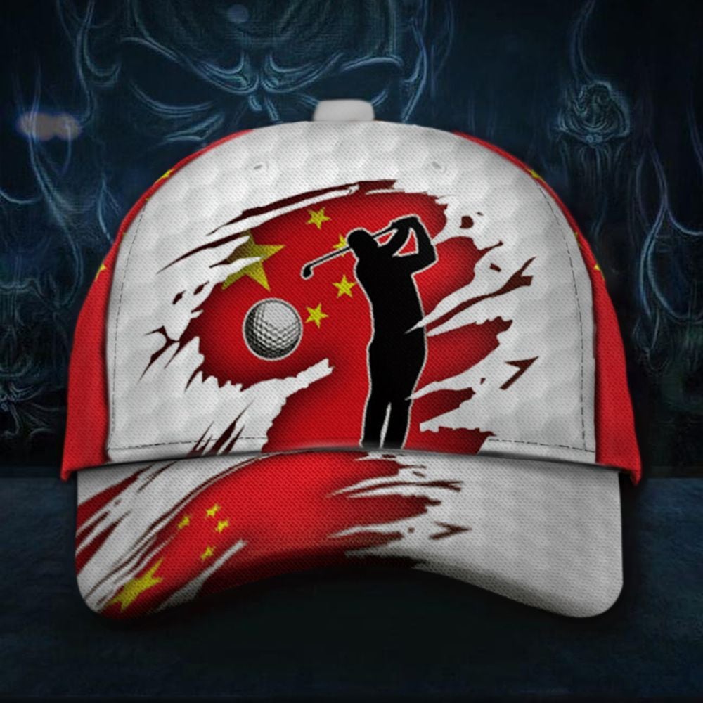 Golf China Flag Golfer Hat Unique Golf Lover Cool Caps Gift For Chinese Trucker Hats Custom Hats Gifts For Men & Women